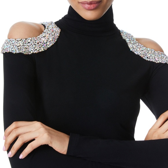 ALICE + OLIVIA Delora Embellished Shoulder cutout turtle neck mini Black Dress 2 - Picture 3 of 16